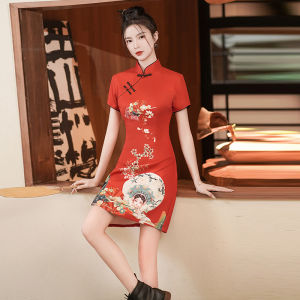 Red Chinese Fad Flowers Full Moon Retro Artsy Cheongsam Young Improved Chinese Style Performance and Show Dress