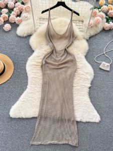 ชุดเดรสเกาะอกสายเดี่ยวเซ็กซี่ ทรงเข้ารูป ชุดคาราโอเกะ ชุดเดรสยาวปานกลาง แขนกุด ผ้าตาข่ายโปร่ง สำหรับผู้หญิง