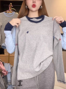 Color Block Long Sleeve T-Shirt Womens Spring Autumn New Design Embroidered Letter round Neck Casual Style Cotton Top
