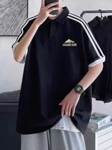 Pure Cotton Short Sleeve Polo Shirt Mens Summer American High Street Trend Loose Shoulder Insertion Collar Stand up Top