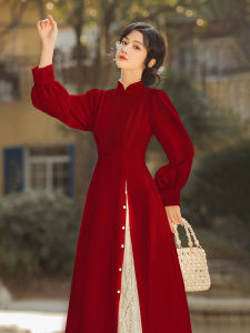 ชุดเดรสยาวคอตั้งแขนยาวสไตล์จีนย้อนยุคสำหรับผู้หญิง ชุดแต่งงานฤดูใบไม้ร่วง/ฤดูหนาว ชุดราตรีสั้น ชุดเดรสยาว ชุดเดรสยาวคอตั้ง
