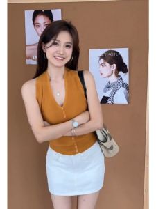 YUEZHONGWEI | French V-neck Slim Fit Ice Silk Sleeveless Top Orange