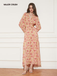 French Romantic Sunset Tea Dress Slimming Printed