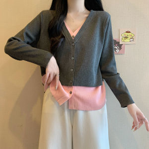 Brand Discount Womens Clothing plus Size Fake Two Pieces V-neck Long-Sleeve Knitwear Plus Size Ladies Flab Hiding Slimming Inner Casual Tops