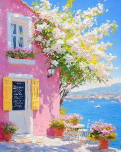 BILIBILI | Painting By Number Kits Pink Mediterranean House Artwork DIY Landscape Oil Drawing Home Decoration Wall Decor
