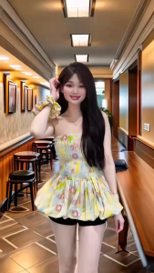 QC_ Set đồ nữ mặc hè set thiết kế áo Lụa Mango dập bông mocking phối quần Cotton Lạnh kèm dây cột hoa đi biển