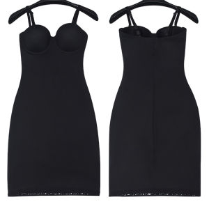 Women Spaghetti Strap Dress Slimming Full Length Shapewear Slips Anti-slip hem Push Up Skinny Bodycon With Underwire Cup Black