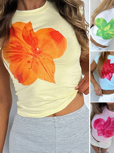 เสื้อกั๊กแขนสั้นพิมพ์ลายดอกไม้คอโปโล ทรงเข้ารูป ผ้าโพลีเอสเตอร์ ฤดูร้อน เสื้อผ้าทำงานแบบสวมหัว เสื้อผ้าทำงานสำหรับผู้หญิง