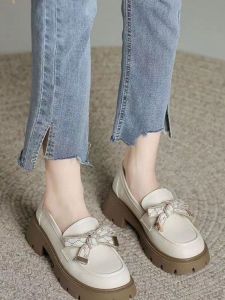 2023 Spring Autumn Platform Thick Bottom Flats Womens Shoes Butterfly Knot Fairy Style Small Leather Shoes High Waist Slimming