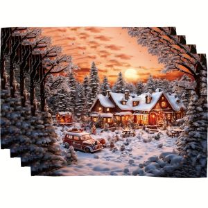 VIKAMA 4-Piece Winter Snow Scene Log Cabin Placemats Easy-Clean Christmas Family Feasts & Friends Gatherings Winter Table Decor