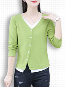 Shalldoer | Slim Fit Long Sleeve V-Neck Color Block T-Shirt Womens Base Shirt Top Cleanfit Style Home Wear Cotton 100% Autumn New