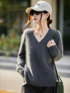 YUEXINYIRONG | French Style Seamless Fluffy Knit Sweater V-Neck Wool Cashmere Blend