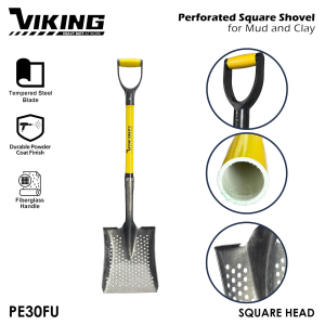 Viking Perforated Square Shovel PE30FU for Mud and Clay with 16ga Tempered Steel Blade & Fiberglass Handle 100cm Length