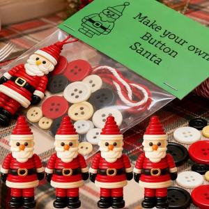 DIY Christmas Button Ornaments Kits Shapes Cartoon Santa Claus Snowman Handmade Button with Rope Xmas Party New Year Gift Decoration
