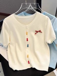 Chic Butterfly Knitted Cardigan Loose Summer Slimming Short Sleeve Womens T-Shirt Elegant Open-Shirt Korean Style Thin