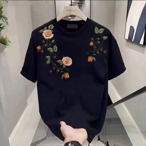 PAZHAOLANG | Large Size Rose Flower Embroidered Print Cotton T-Shirt Loose
