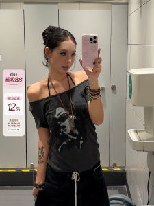 Slim Fit Short Sleeve T-Shirt Womens Retro American Hot Girl Letter Print Casual Cotton Blend Moisture Wicking Summer Top