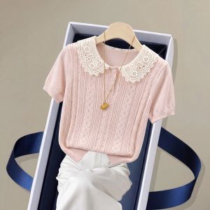 Slimming Youthful Lace Hollow Out Peter Pan Collar Women Knit Top