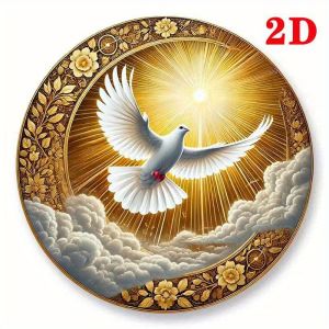2D Vintage Metal Sign Gold Floral Holy Spirit Dove Round Wall Art Non-Light Aluminum Plaque for Home Bar Club Farm Garden Deco