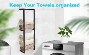 Wall Mounted Bathroom Towel Rack 3 in 1 Space Storage Hanger Bath Towel Rack Roll-up Towel Rack Multifunctional Storage Rack Large Capacity Storage Rack with Wooden Rack Save Space Easy to Install Durable