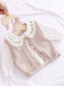 Girls Knitted Vest Pure Cotton 1 Birthday Party Baby Vest Baby Sweater Princess Cardigan Outwear Korean Spring and Autumn Clothing