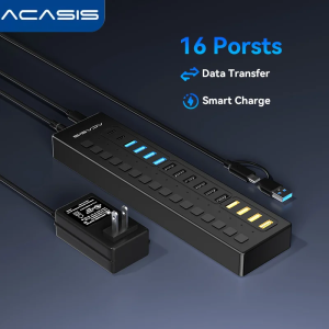 Acasis 16Ports USB Hub 3.0/2.0 Smart Fast Charging Splitter Expander for Laptop Keyboard Mouse Data Transfer Multiple Adapter