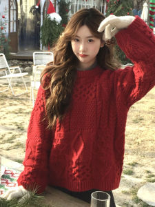 YUEZHONGWEI | Red Round Neck Pullover Cable Knit Sweater