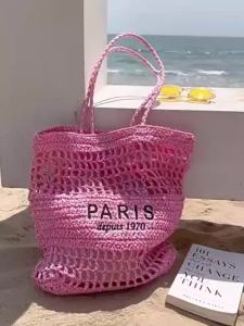 New Letter Embroidery Straw Shoulder Bag Large Capacity Hollow Woven Tote Versatile Women Beach Vacation Bag With Inner Pouch