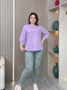 Loose Cotton Lantern Sleeve T-Shirt Womens Spring Summer New Style plus Size Simple Seven-Sleeve Cotton Top Casual round Neck