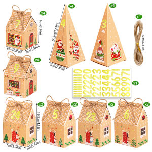 24Sets Christmas Advent Calendar House Shape Xmas Gift Boxes with Number Stickers String Countdown Candy Treat Box for Party