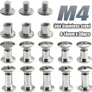 30pcs 304 Stainless Steel M4x4-14mm Cross Recess Chicago Screws Leather Nail Rivets for DIY Leather Belt Book Binding Craft