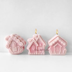 แม่พิมพ์ซิลิโคนสำหรับเทียนในบ้านเทศกาลคริสต์มาสทำจากไม้3D บ้านงานฝีมือเรซินแม่พิมพ์สบู่ทำจากซีเมนต์