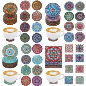 8 sets of DIY round/Square/Mandala pattern diamond art painting coasters - non-stand wooden anti-slip diamond art coasters