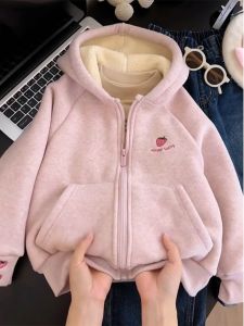 LIREGONGZHU | Fleece-lined Hooded Cardigan Sweatshirt for Girls