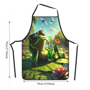 1pc Cute Happy Frog Print Kitchen Apron Machine Washable Funny Pond Lotus Cooking Apron for Home BBQ Party