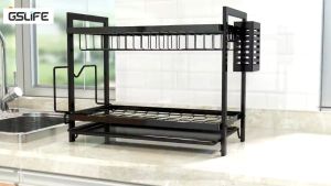 GSlife 2/3-Tier Rak Pinggan Mangkuk Dish Drainer Dish Drying Rack Plate Organizer Storage Shelf Kitchen Rack Black Gold Multifunctional Storage Rack