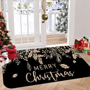 Thảm Chùi Chân VIKAMA Black Gold Christmas Holly Chống Trơn Trượt Phong Cách Hiện Đại Thảm Trải Sàn Bằng Polyester Cho Cửa Trước Lối Vào Hành Lang Trang Trí Nhà Ngày Lễ