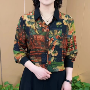 Spring 2026 Fashion Mommy Style Shirt Floral Print Long Sleeve Polo Collar Slimming Base Layer Top for Middle-Aged Women