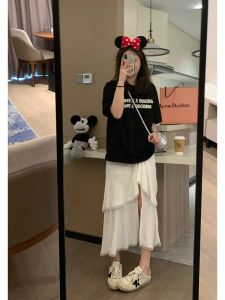 High Waist Asymmetrical Midi Dress for Women Summer Korean Style Elegant Feeling Half Skirt with Lace Tail
