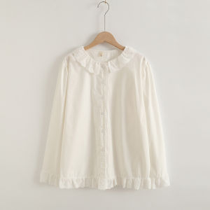 เสื้อเชิ้ตคอปกบานพันธุ์ลูกไม้แขนยาวผ้าฝ้ายแท้ทรงหลวมสไตล์หวานสำหรับผู้หญิงในฤดูใบไม้ผลิและฤดูใบไม้ร่วง