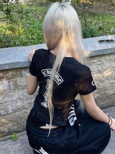 American Hot Girl Cross Print Short Sleeve T-Shirt Womens Summer Slim Fit Versatile Top Breathable Polyester Fiber V-Neck Short Length