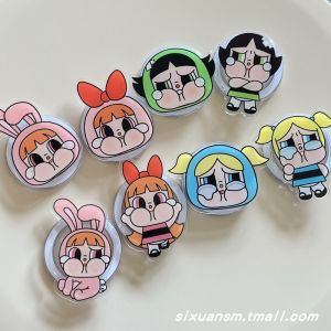 Weird Funny Cartoon Cute The Powerpuff Girls Facial Expression Bag MagSafe Magnetic Suction Cellphone Airbag Support Foldable Telescopic Rotate Air Cushion Drop-Resistant Fastened Ring Adsorption Binge-watching Supporting Seat for Women