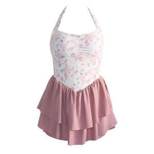 Retro Rose Print Japanese Sweet Princess Style Girl One-Piece Swimsuit Thermal Spring Womens Conservative Skirt Suit Polyester Spandex