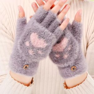 Fingerless Gloves Cat Paw Design Reversible Thermal Mittens Flap Cover Cycling Gloves Elasticity Windproof Winter Women Gloves