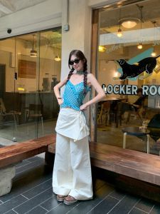 French Blue Plaid Necktie Short Top for Women Summer Design Sensation Sweet Spicy Girl Seafront Short-Sleeve Outerwear