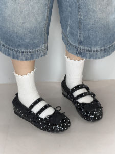 FANGXI | Genuine Leather Dotted Round Toe Magic Tape Strap Low-cut Height Increasing Mary Jane Casual Shoes