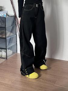 American High Street Design Straight Leg Black Jeans Womens Loose Fit Button Wide Leg Pants Spring 2025 Casual Style