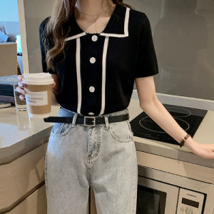 Fashion knitted polo shirt for women korean style knitted cardigans white knitted blouse trendy office