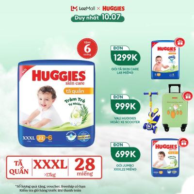 [Chỉ 10/7 GIẢM THÊM 60K] Tã/bỉm quần Huggies Skin Care Jumbo XXXL22+6 miếng với tràm trà dịu da