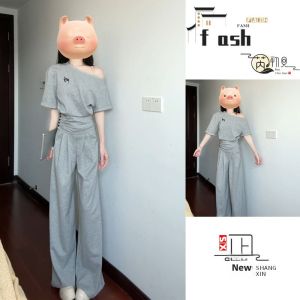 Womens Knitted Off-Shoulder T-Shirt High Waist Wide Leg Pants Two-Piece Set Summer Casual Commute Style Korean Simple Design